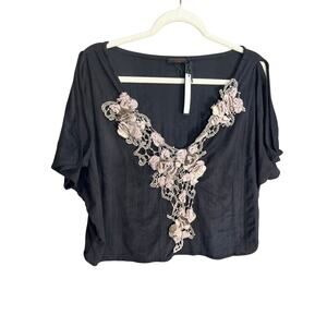 NWT Black Floral Sz PL LEYENDECKER TOP Blouse 3D Crop V Neck Faux Suede Boho